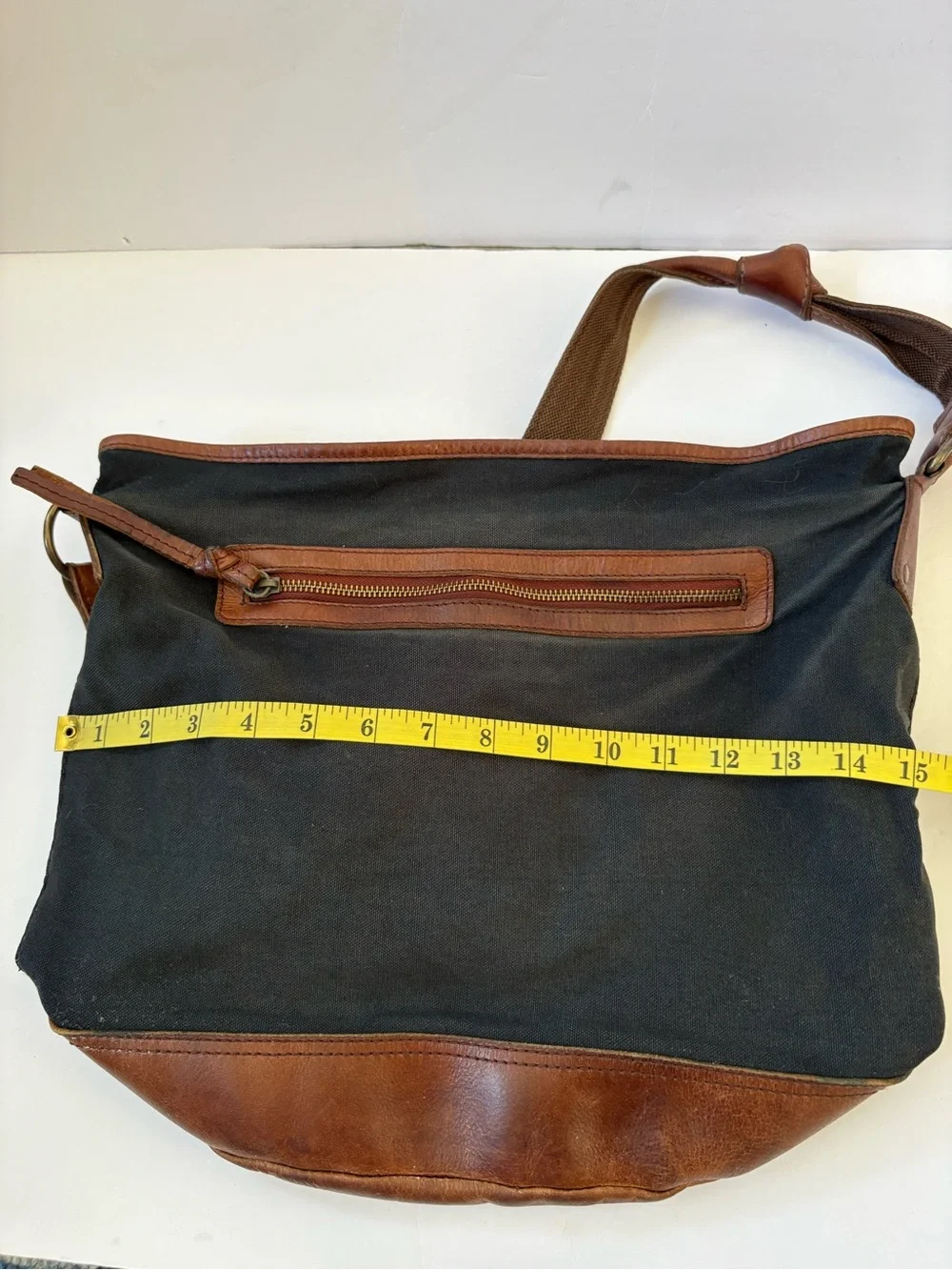 Anthropologie Black Textile Brown Leather Trim Bucket Slouchy Boho Bag Purse